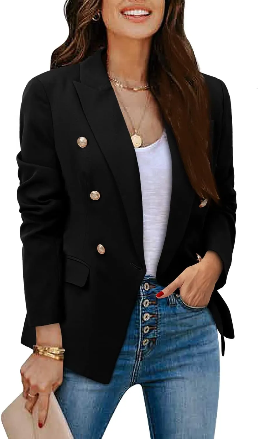 CRAZY GRID Womens Casual Blazer Jacket Gold Button Long Sleeve Work 0ffice Blazer Lapel Open Front Jacket