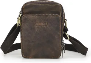 Crazy Horse Leather Small Crossbody Bag for Men Travel Side Bag Phone Wallet Brown Mini Shoulder Messenger Bag Zipper Sling Purse