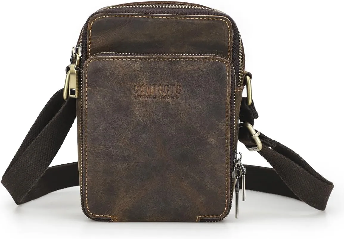 Crazy Horse Leather Small Crossbody Bag for Men Travel Side Bag Phone Wallet Brown Mini Shoulder Messenger Bag Zipper Sling Purse