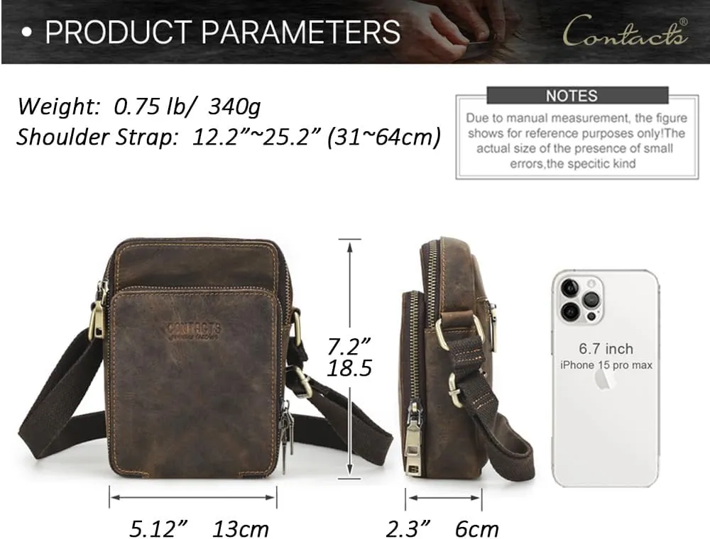 Crazy Horse Leather Small Crossbody Bag for Men Travel Side Bag Phone Wallet Brown Mini Shoulder Messenger Bag Zipper Sling Purse