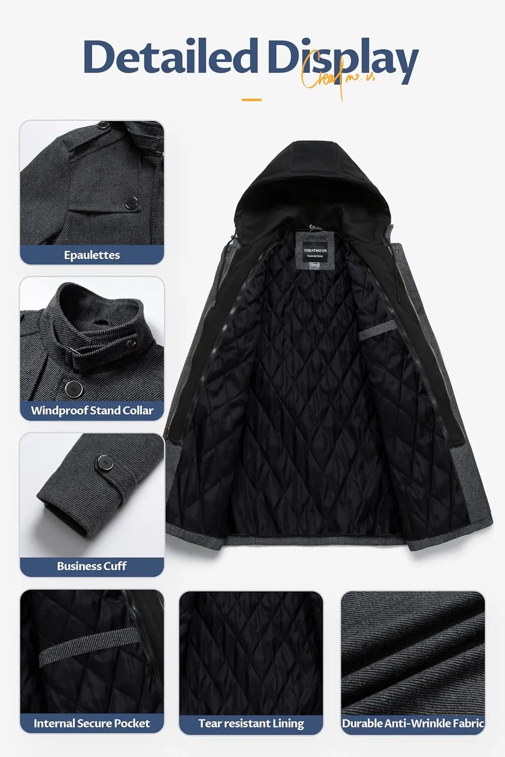 CREATMO US Men's Classic Pea Coat Wool Blend Trench Coat Windproof Business Overcoat With Detachable Hood