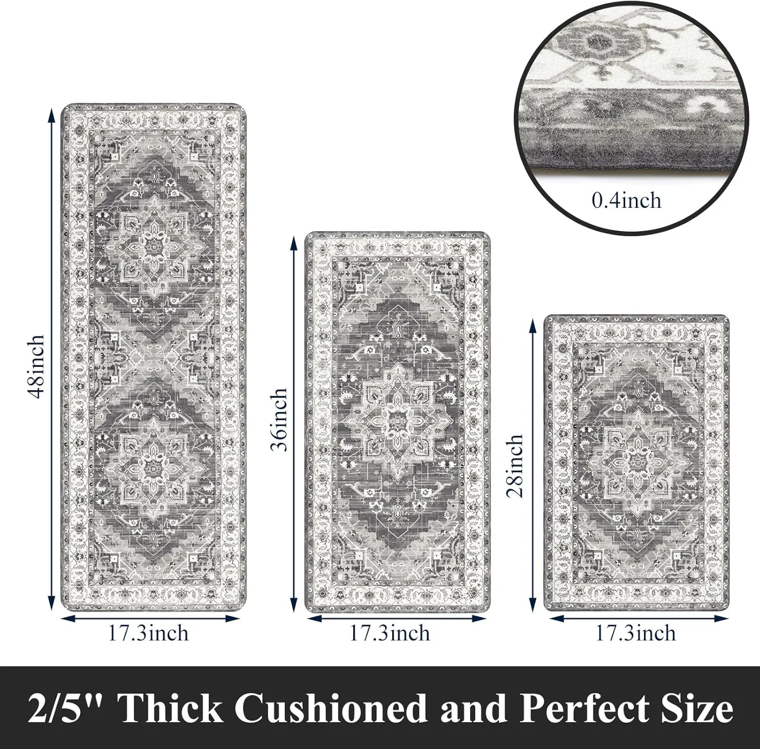 Cushioned Kitchen Rug Sets 3 Piece Anti Fatigue Kitchen Mats for Floor Non Slip Waterproof Kitchen Rugs and Mats Comfort Standing Mat Runner for Home Office,Sink,Laundry