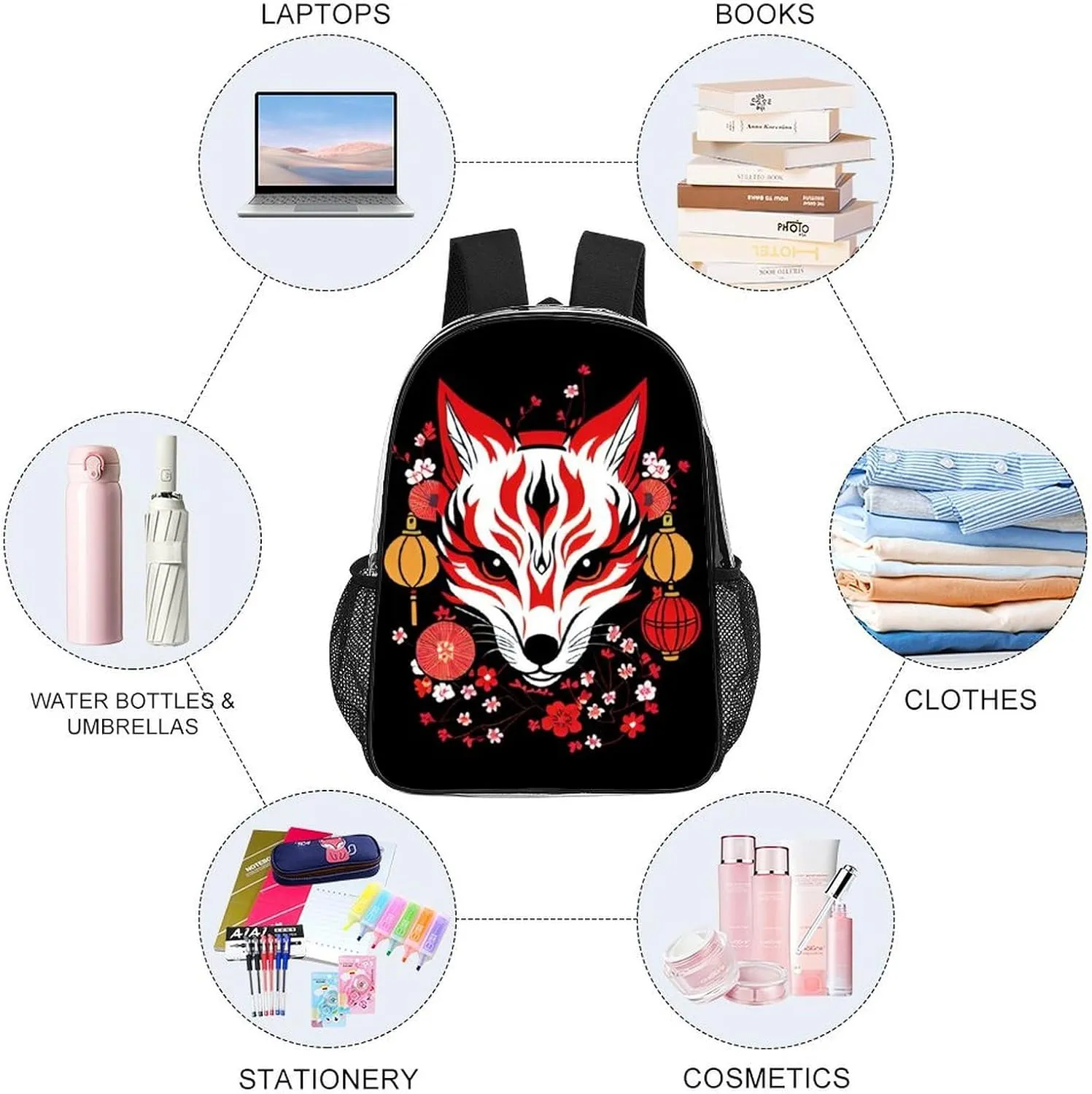 Daypack Anti-Theft Multipurpose Large Capacity Shoulder Bag - Japanese Kitsune Fox Magical Art Travel Hiking & Camping Rucksack Transparent Bag