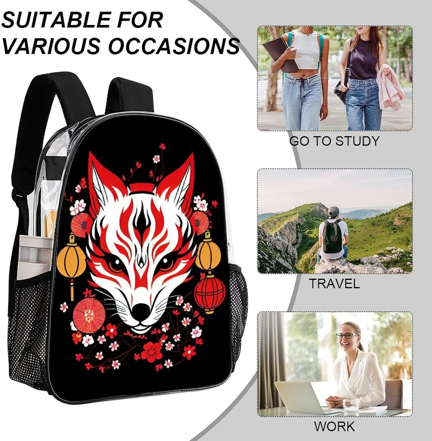 Daypack Anti-Theft Multipurpose Large Capacity Shoulder Bag - Japanese Kitsune Fox Magical Art Travel Hiking & Camping Rucksack Transparent Bag