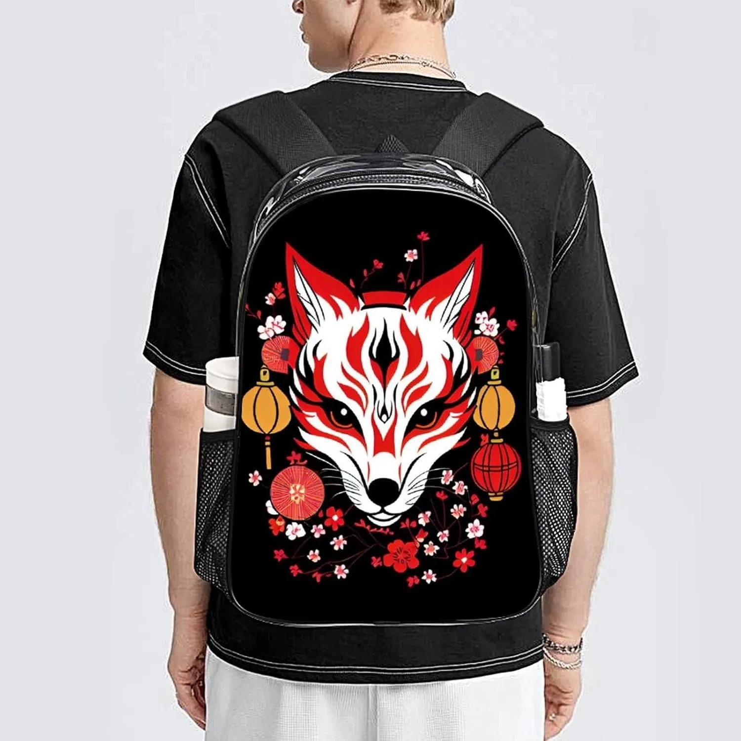 Daypack Anti-Theft Multipurpose Large Capacity Shoulder Bag - Japanese Kitsune Fox Magical Art Travel Hiking & Camping Rucksack Transparent Bag