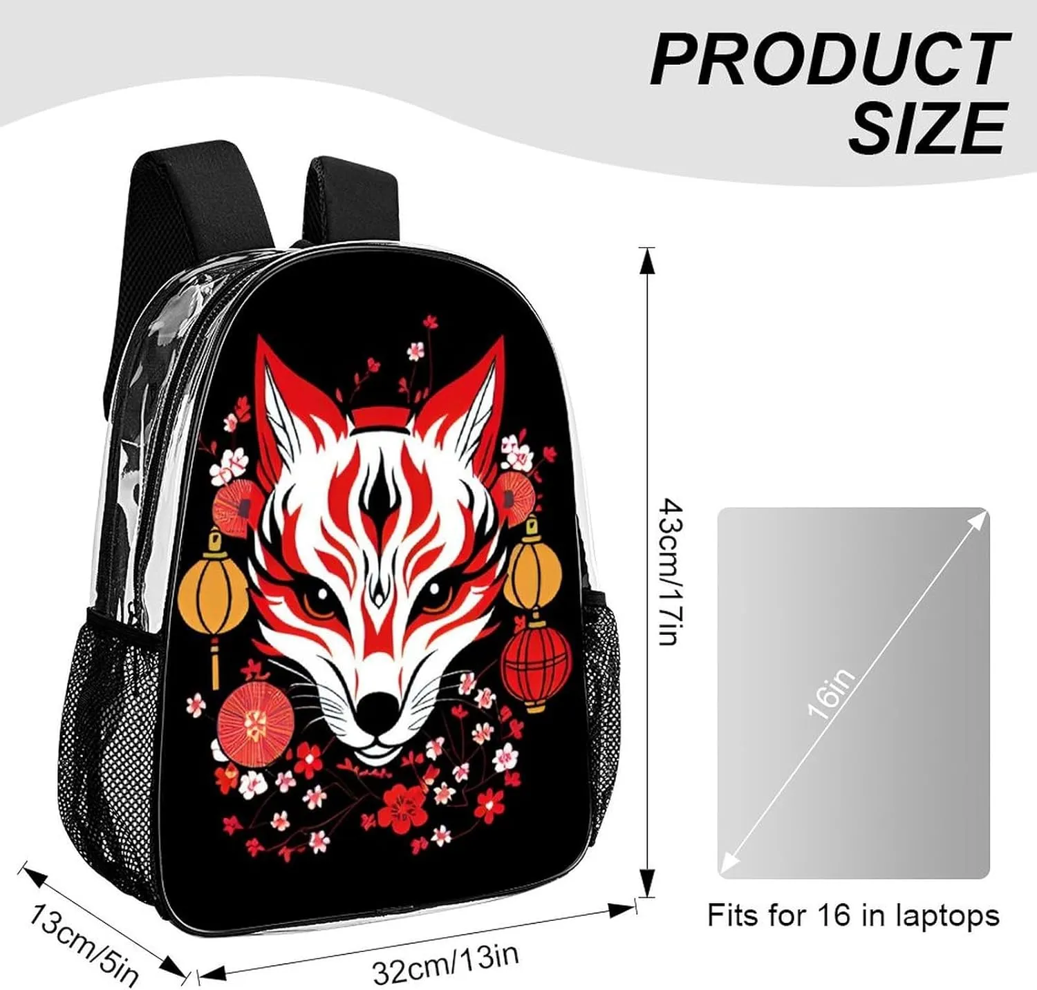 Daypack Anti-Theft Multipurpose Large Capacity Shoulder Bag - Japanese Kitsune Fox Magical Art Travel Hiking & Camping Rucksack Transparent Bag