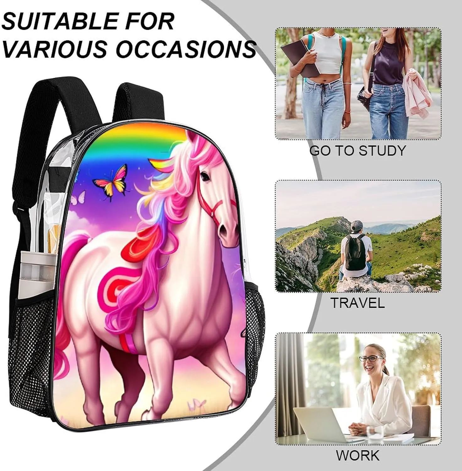 Daypack Backpack Anti-Theft Multipurpose Large Capacity Carry On Bag - Rainbows Unicorns And Butterflies Art Traveling & Camping Backpack Transparent Bag
