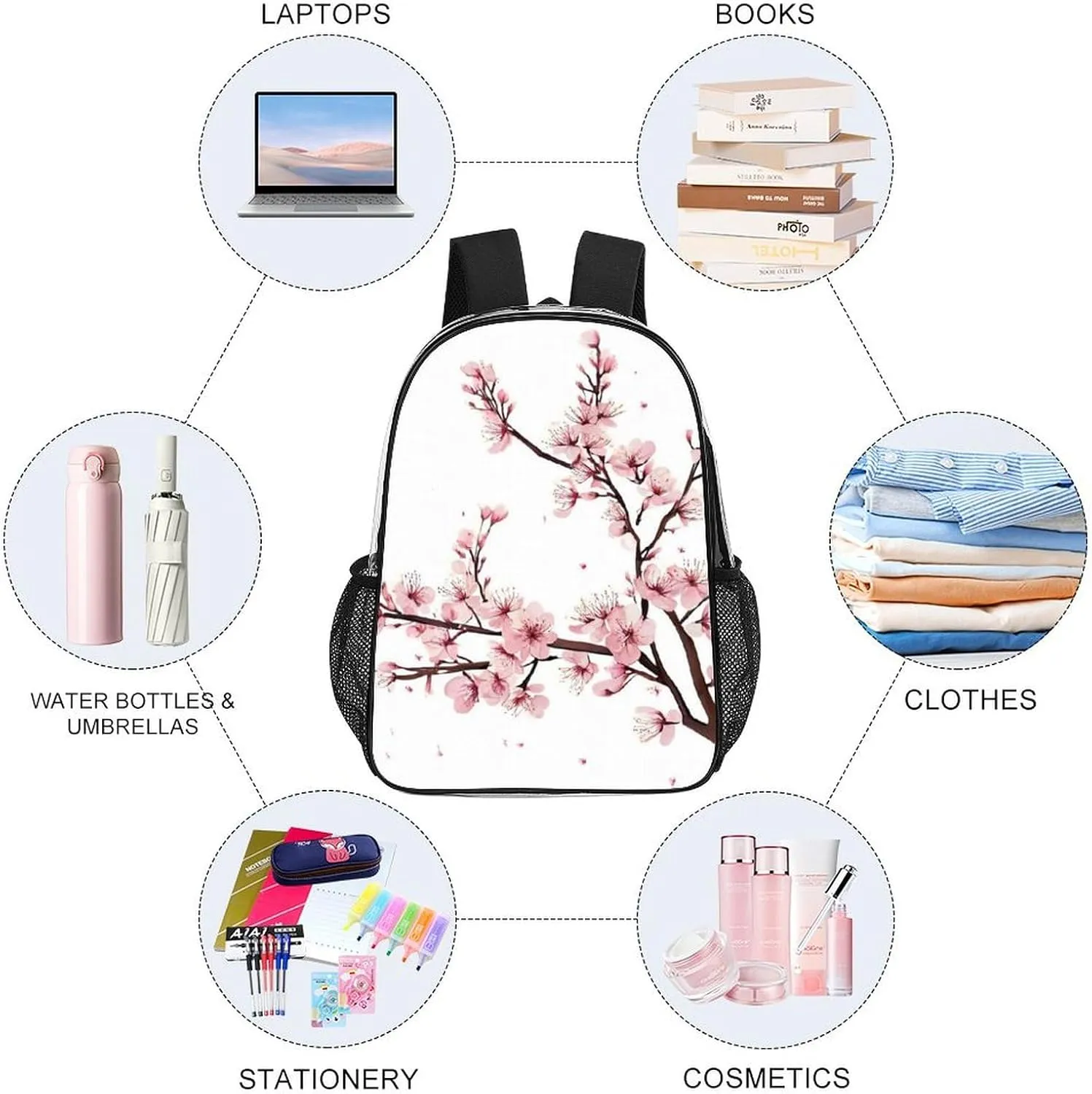 Daypack Backpack Multipurpose Anti-Theft Large Capacity Bookbag - Branch Of A Flourishing Tree Cherry Flowers Blossoms Spring Theme Art Travel Hiking & Camping Rucksack Transparent Bag