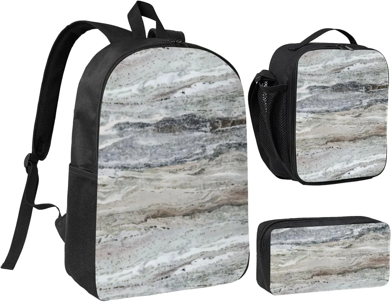 Decorator Grey Granite Stone Look Pattern Backpack Combo (Backbag  Lunch Bag   Pen Bag) – Waterproof Oxford, Adjustable Straps, Minimalist Unisex Design