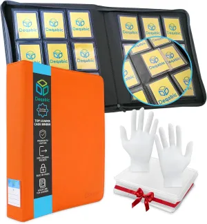 DEQADIC Card Binder for Top Loaders, 9 Pocket Holds 288 Cards, 20 Toploaders INCLUDED, Side Loading Ringless Card Collection Binder for Sports Game, Orange