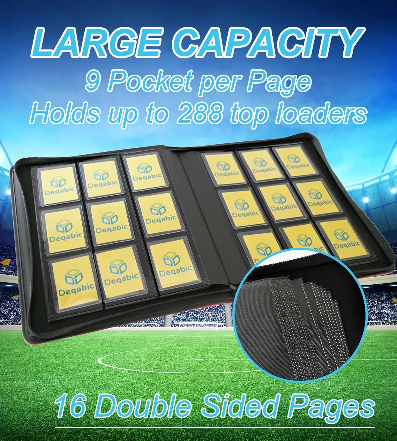 DEQADIC Card Binder for Top Loaders, 9 Pocket Holds 288 Cards, 20 Toploaders INCLUDED, Side Loading Ringless Card Collection Binder for Sports Game, Orange