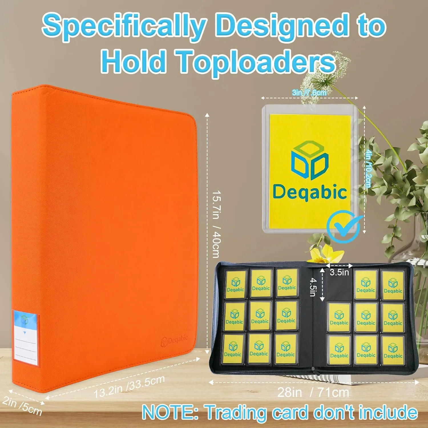 DEQADIC Card Binder for Top Loaders, 9 Pocket Holds 288 Cards, 20 Toploaders INCLUDED, Side Loading Ringless Card Collection Binder for Sports Game, Orange