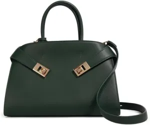 Designer Leather Tote Handbag, Large Shoulder Bag with Gold Hardware, Forest Green