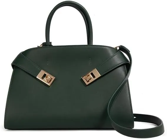 Designer Leather Tote Handbag, Large Shoulder Bag with Gold Hardware, Forest Green