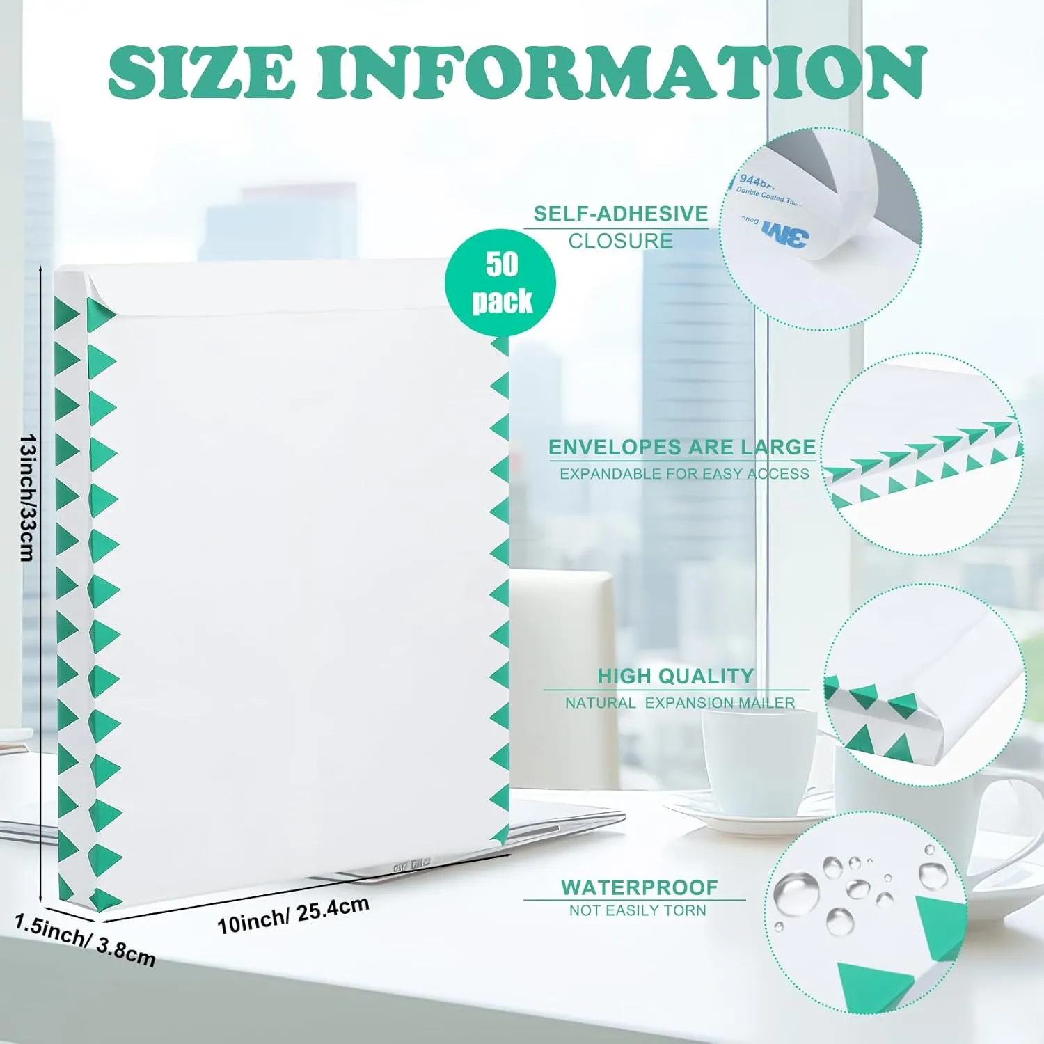 Dianelhall 50 Pcs Tear Resistant Expandable Envelopes - 10" x 13" Catalog Booklet Expansion Mailer Envelopes with Self-adhesive Closure, High Density Synthetic Material for Secure Mailing