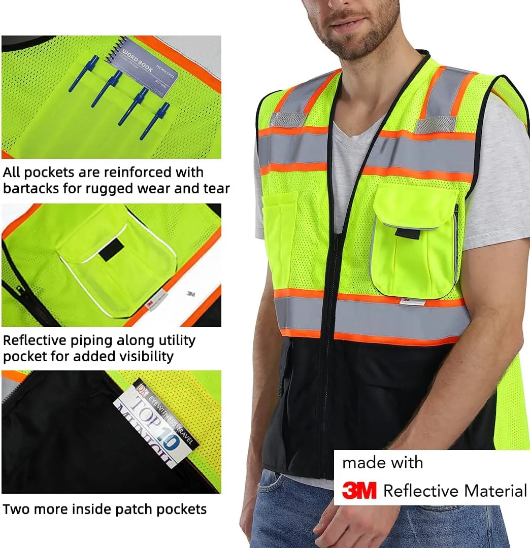 Dib Safety Vest Reflective with Pockets and Zipper, High Visibility Mesh ANSI Class 2, Made with 3M Reflective Tape, Yellow and Black XL
