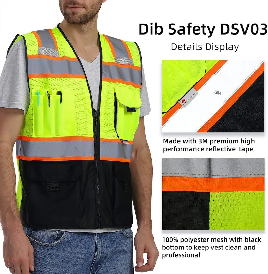 Dib Safety Vest Reflective with Pockets and Zipper, High Visibility Mesh ANSI Class 2, Made with 3M Reflective Tape, Yellow and Black XL