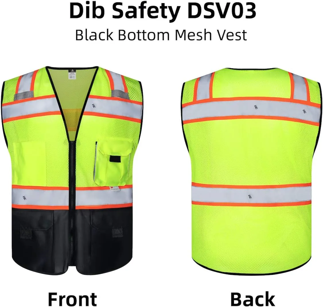 Dib Safety Vest Reflective with Pockets and Zipper, High Visibility Mesh ANSI Class 2, Made with 3M Reflective Tape, Yellow and Black XL
