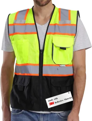 Dib Safety Vest Reflective with Pockets and Zipper, High Visibility Mesh ANSI Class 2, Made with 3M Reflective Tape, Yellow and Black XL