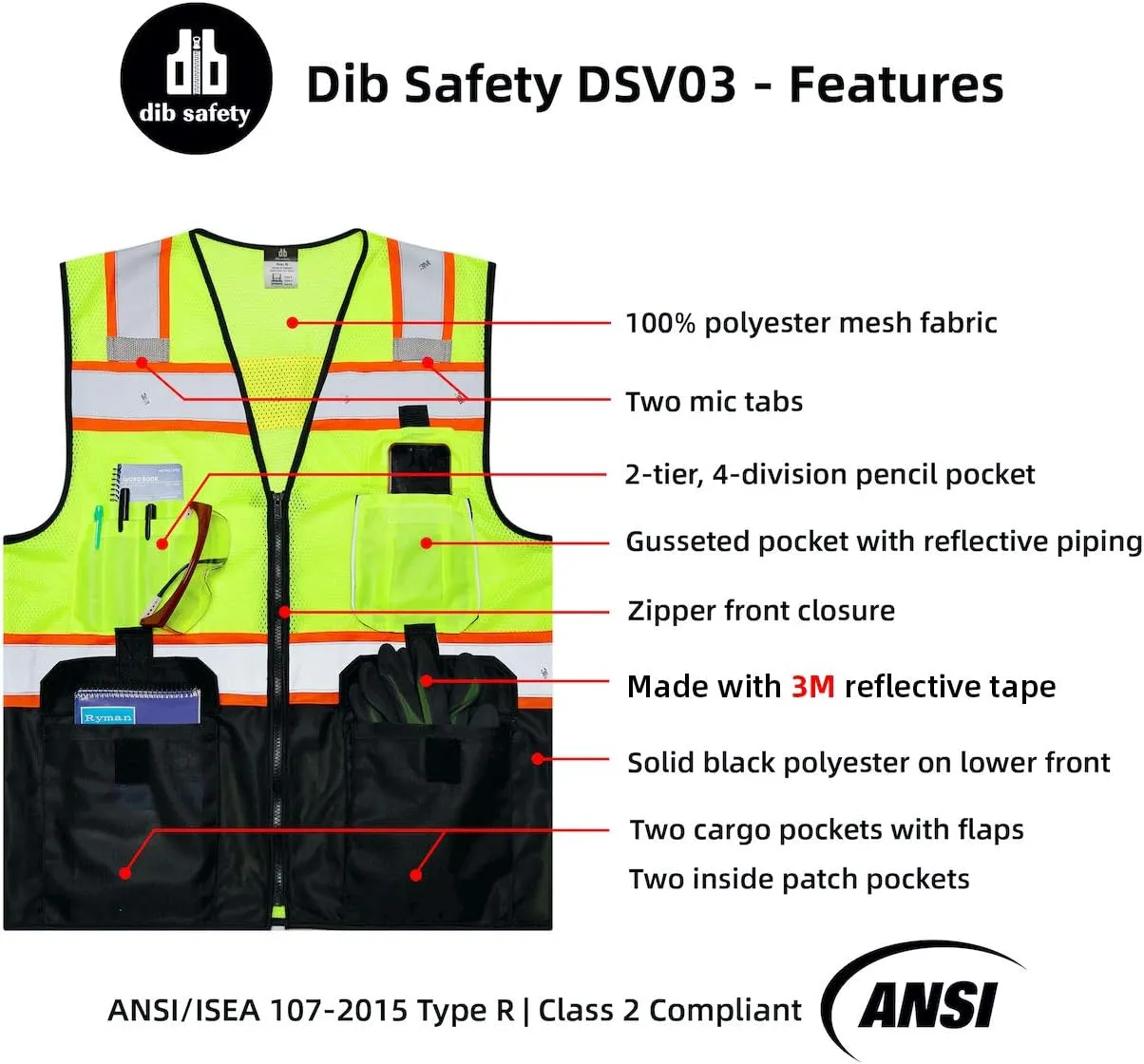 Dib Safety Vest Reflective with Pockets and Zipper, High Visibility Mesh ANSI Class 2, Made with 3M Reflective Tape, Yellow and Black XL