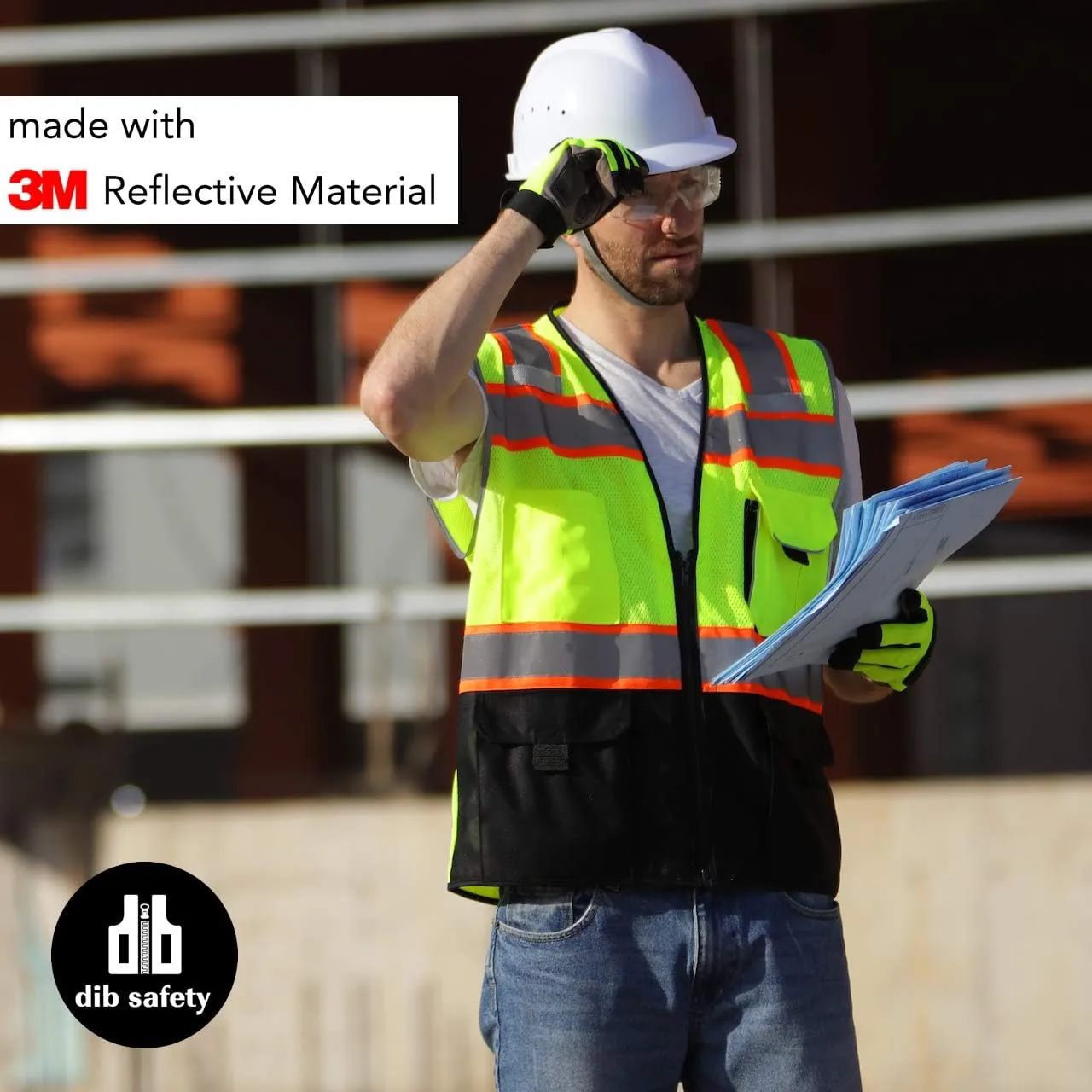 Dib Safety Vest Reflective with Pockets and Zipper, High Visibility Mesh ANSI Class 2, Made with 3M Reflective Tape, Yellow and Black XL