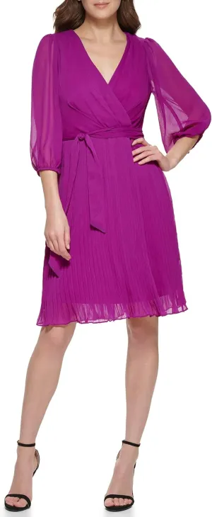 DKNY Women's 3/4 Balloon Sleeve Faux Wrap Mini Dress