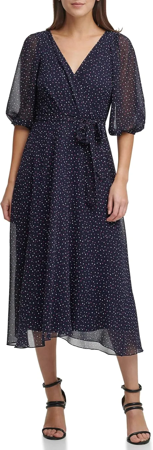 DKNY womens 3/4th Sleeve Faux Wrap Dress