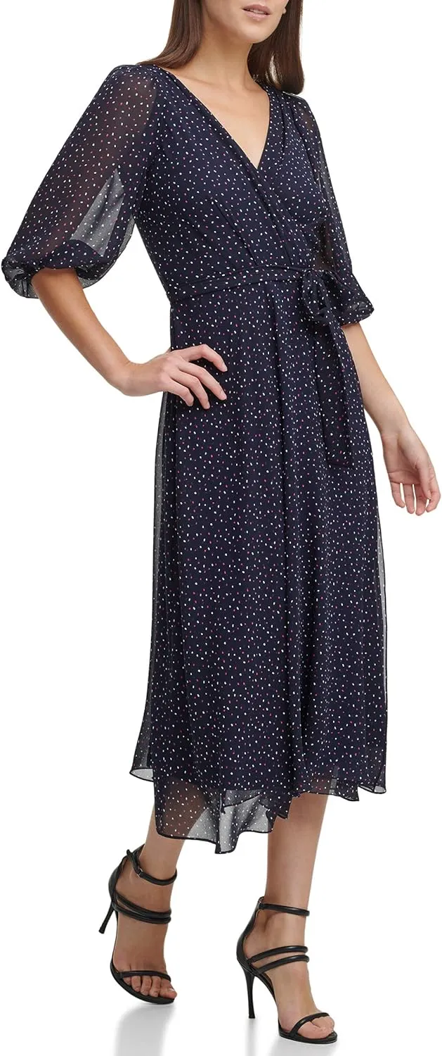 DKNY womens 3/4th Sleeve Faux Wrap Dress