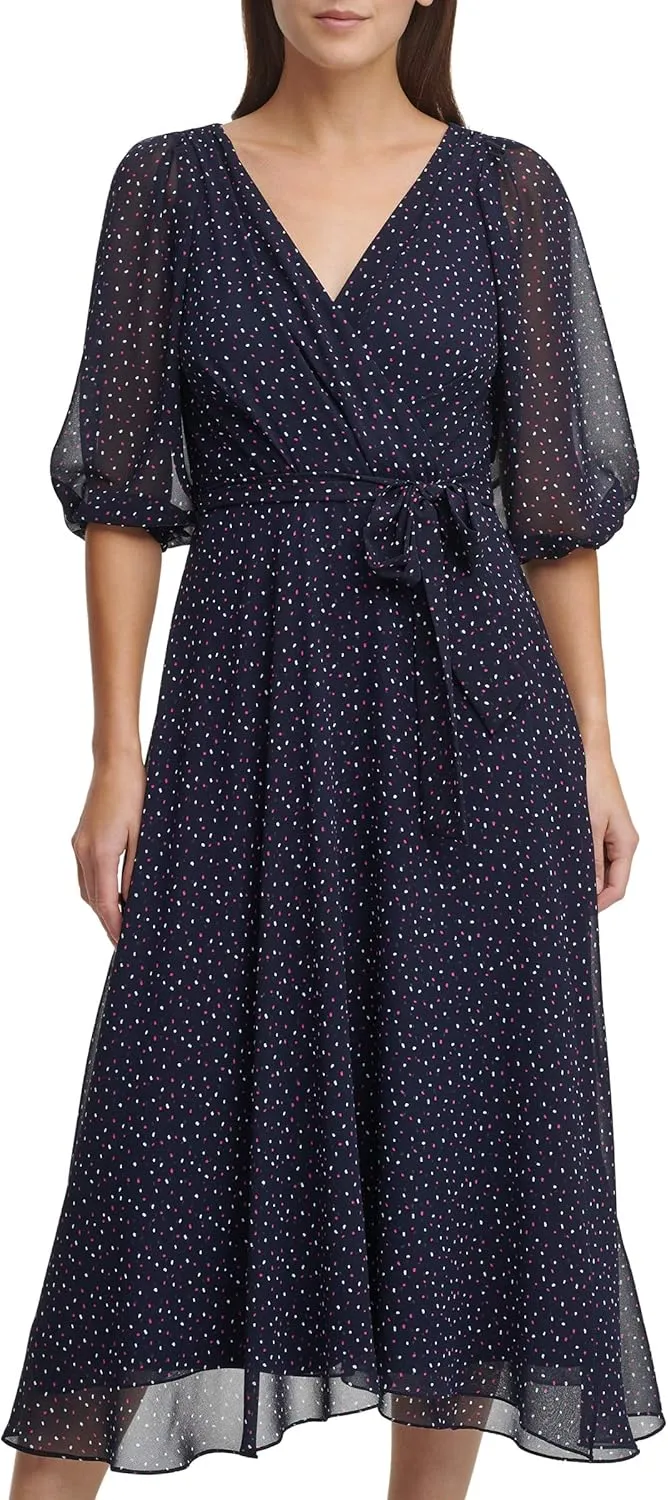 DKNY womens 3/4th Sleeve Faux Wrap Dress