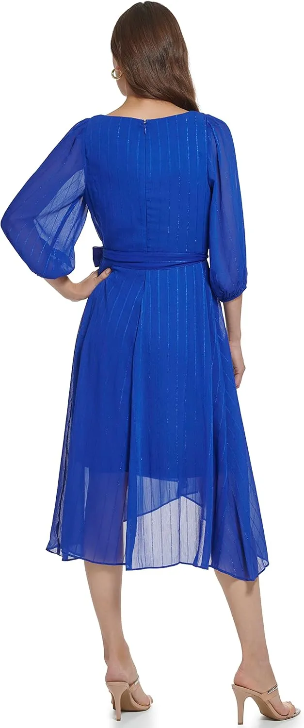 DKNY Women's Balloon Half Sleeve Faux Wrap Midi Dress