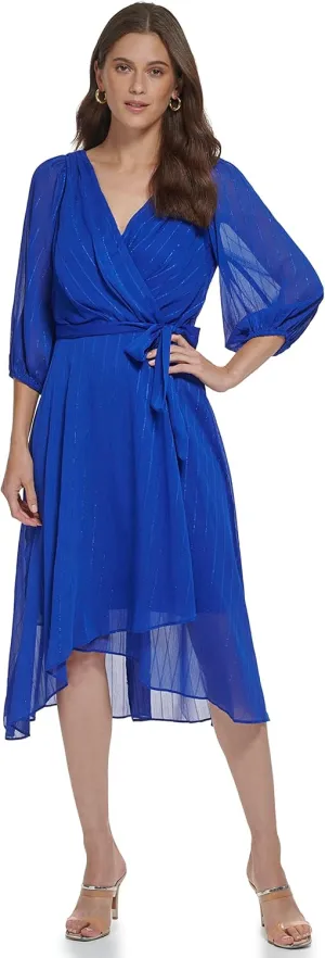 DKNY Women's Balloon Half Sleeve Faux Wrap Midi Dress