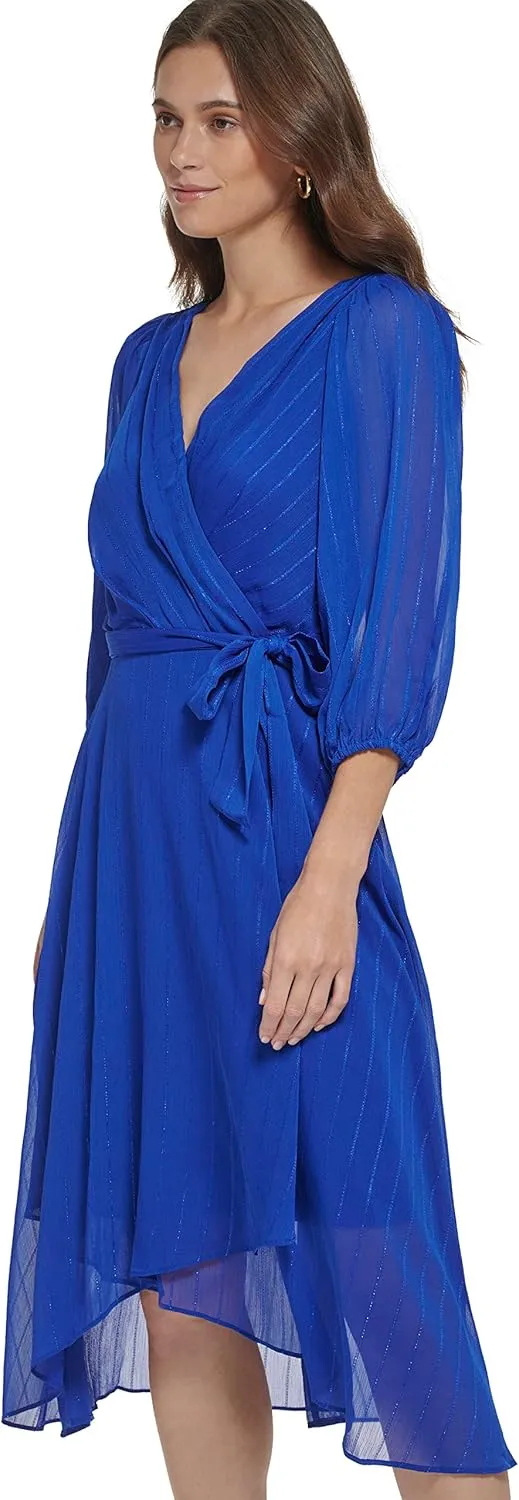 DKNY Women's Balloon Half Sleeve Faux Wrap Midi Dress