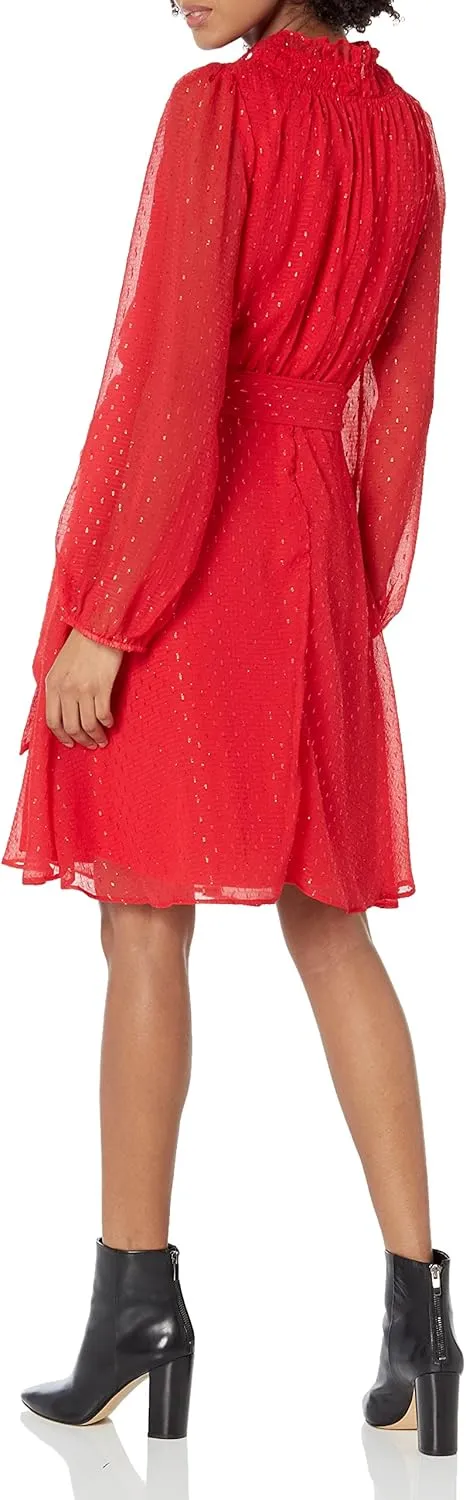 DKNY Women's Balloon Sleeve Ruffled W/Belt Dress