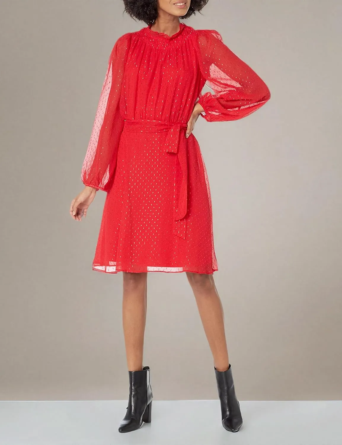 DKNY Women's Balloon Sleeve Ruffled W/Belt Dress