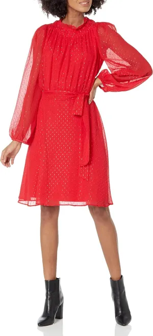 DKNY Women's Balloon Sleeve Ruffled W/Belt Dress
