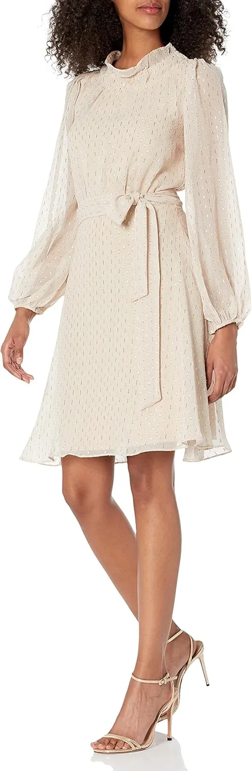 DKNY Women's Balloon Sleeve Ruffled W/Belt Dress