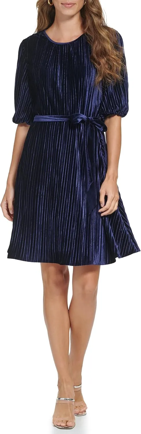 DKNY womens Bubble Sleeve Pleated Velvet Dress