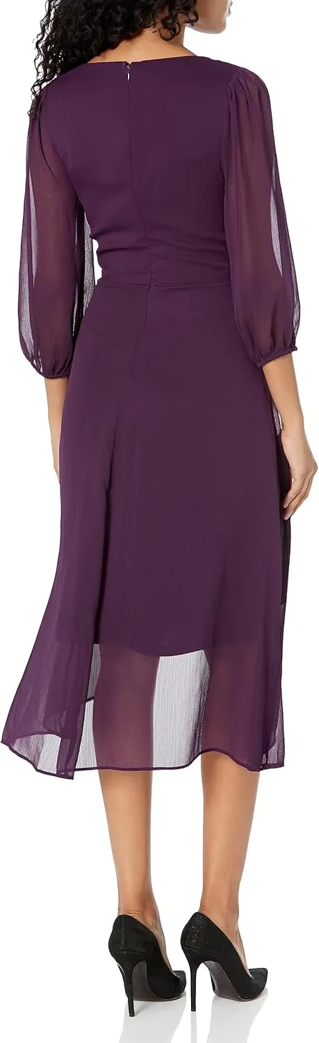DKNY womens Chiffon 3/4 Sleeve Faux Wrap Dress