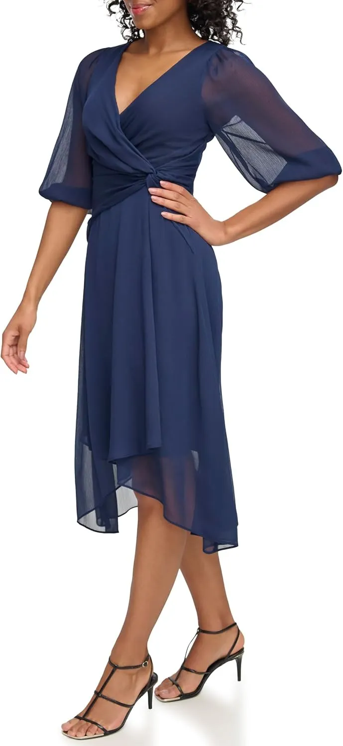 DKNY womens Chiffon 3/4 Sleeve Faux Wrap Dress