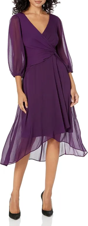 DKNY womens Chiffon 3/4 Sleeve Faux Wrap Dress