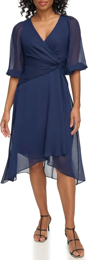 DKNY womens Chiffon 3/4 Sleeve Faux Wrap Dress