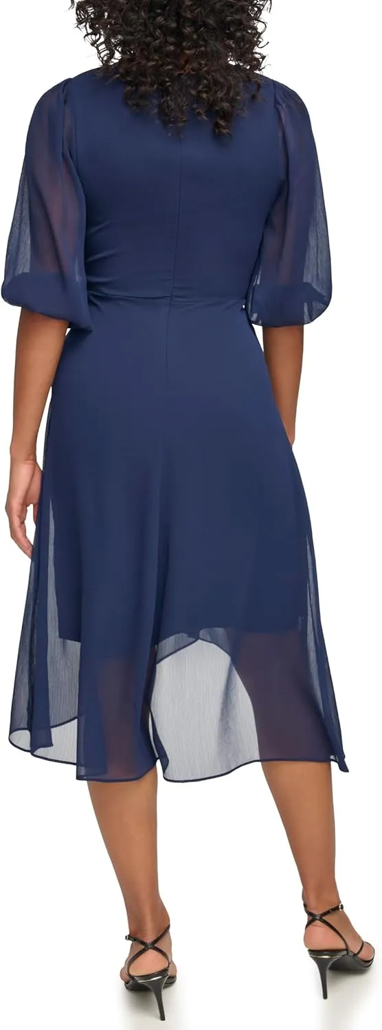 DKNY womens Chiffon 3/4 Sleeve Faux Wrap Dress