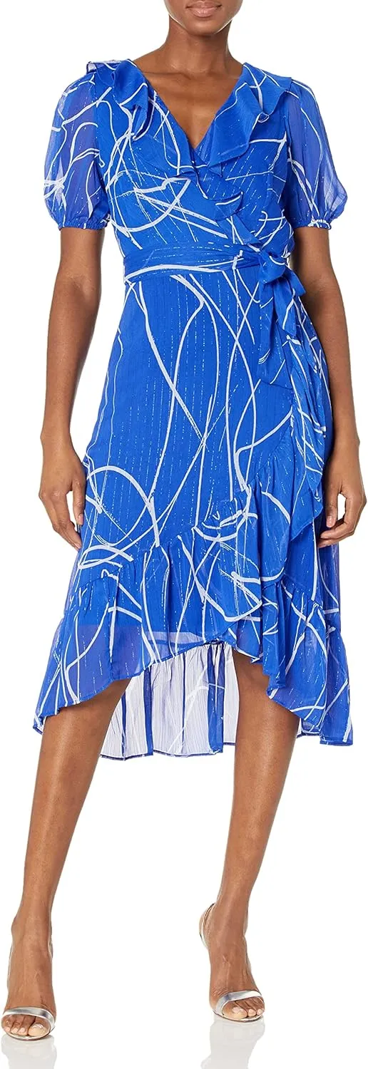 DKNY Womens Chiffon Metallic Wrap Dress
