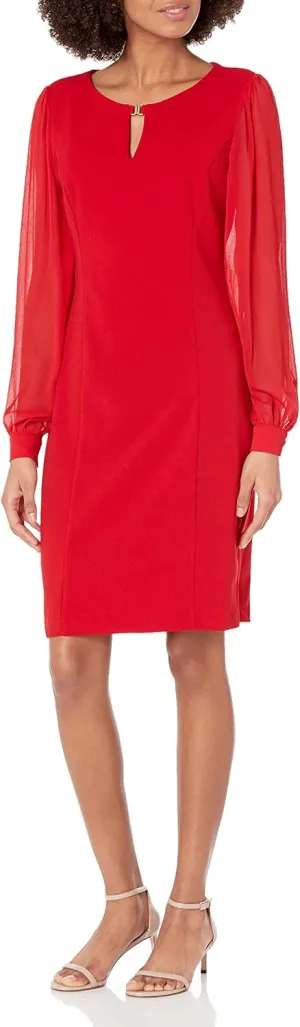 DKNY womens Chiffon Sleeve Sheath Dress With Keyhole