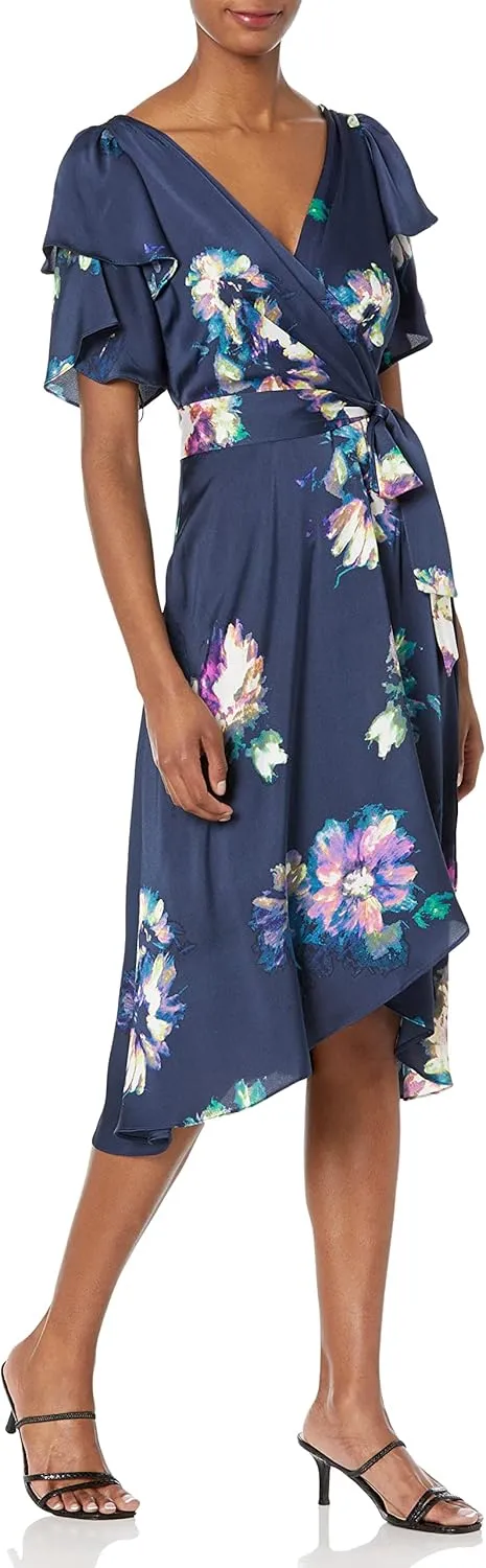 DKNY Women's Double Ruffle Sleeve Asymmetrical Hem Faux Wrap Dress