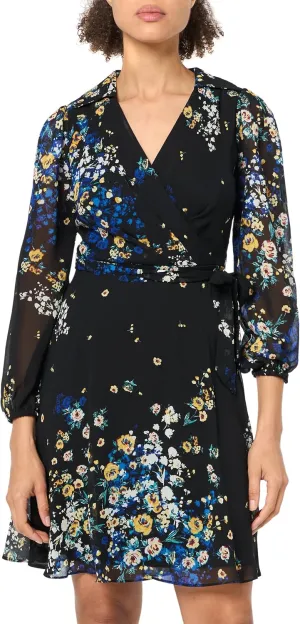 DKNY Women's Double Ruffle Sleeve Asymmetrical Hem Faux Wrap Dress