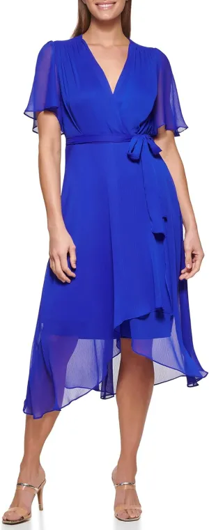 DKNY Women's Double Ruffle Sleeve Asymmetrical Hem Faux Wrap Dress