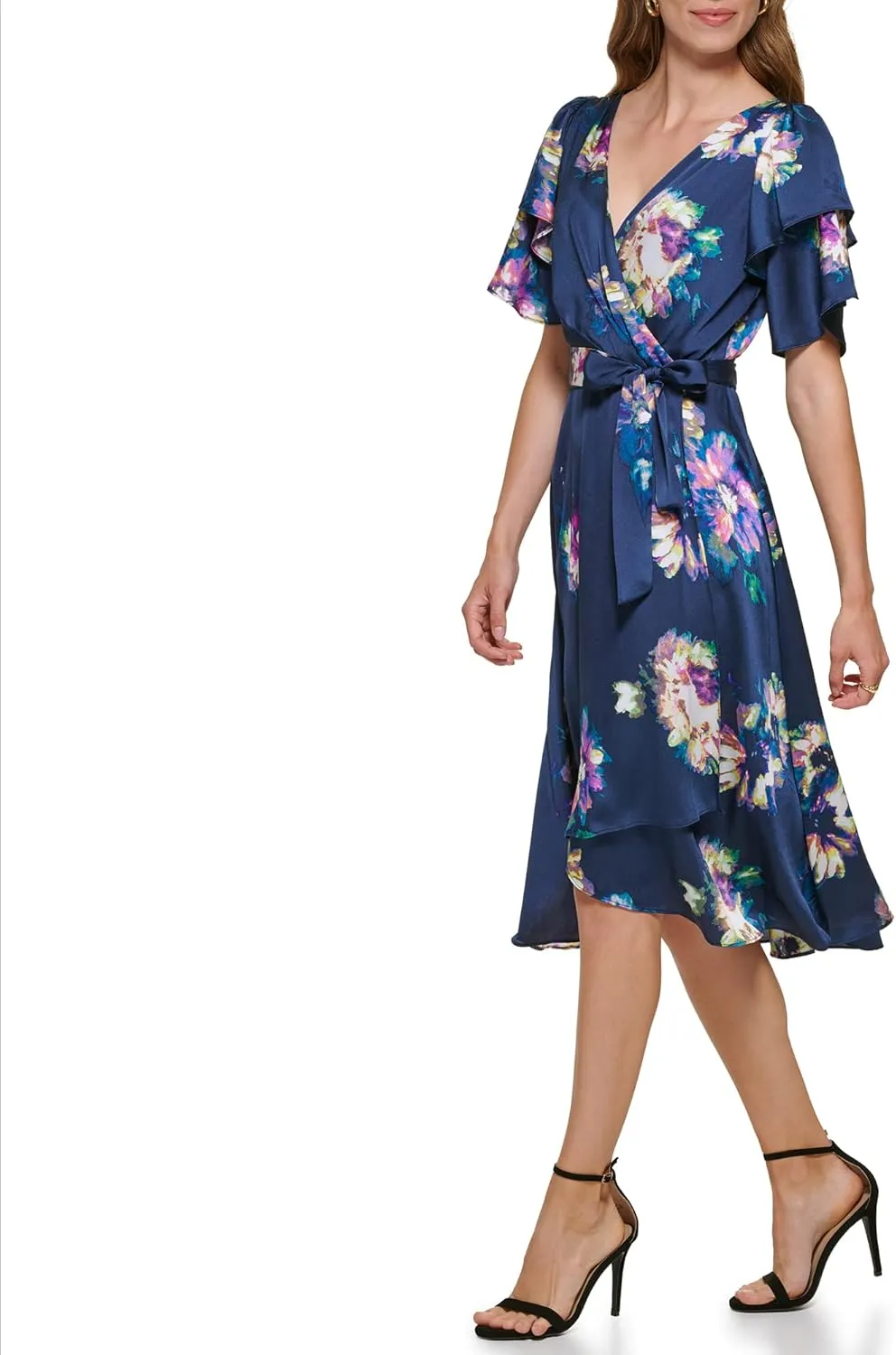DKNY Women's Double Ruffle Sleeve Asymmetrical Hem Faux Wrap Dress