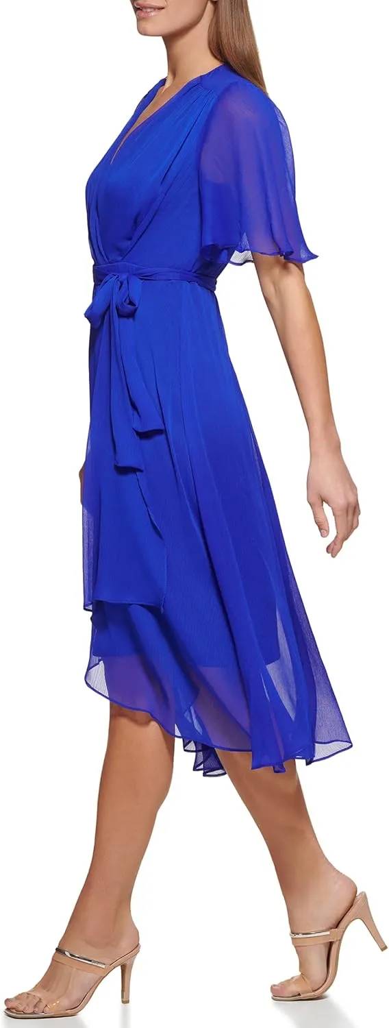 DKNY Women's Double Ruffle Sleeve Asymmetrical Hem Faux Wrap Dress