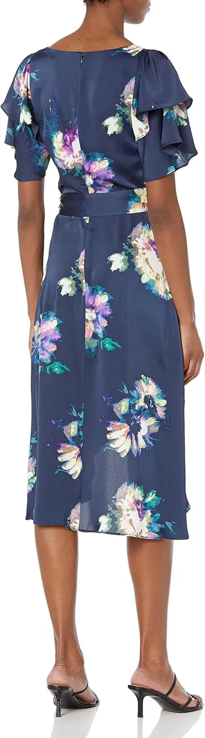 DKNY Women's Double Ruffle Sleeve Asymmetrical Hem Faux Wrap Dress